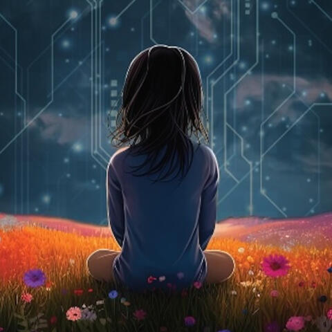 illustration of small girl sitting in a field of flowers with her back to the camera